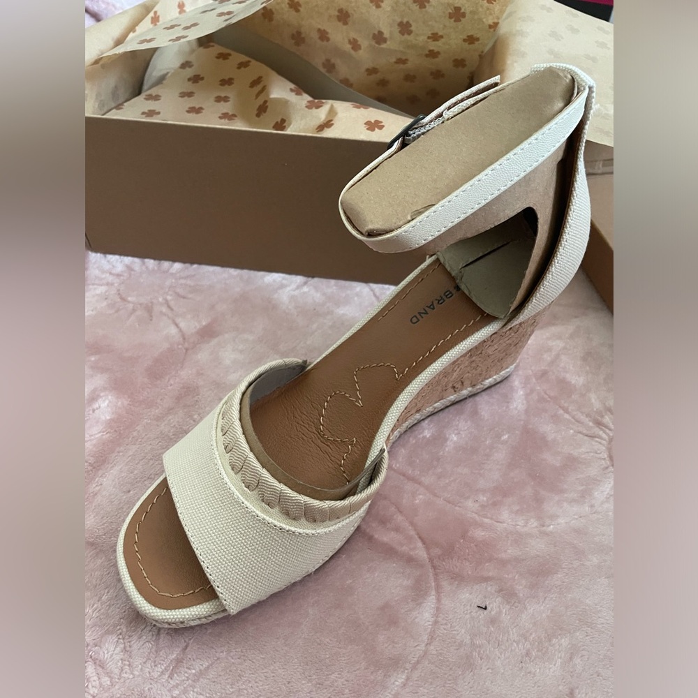 Lucky Brand Cream Canvas Wedge Sandals with Ankle Strap - Picture 3 of 4